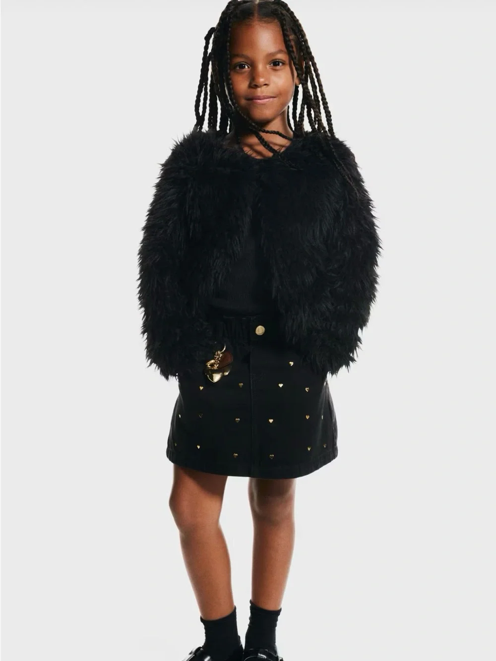 H&M Girls Ivory Black Fur Shaggy Jacket Coat Size US5T/6 UK4-6Y